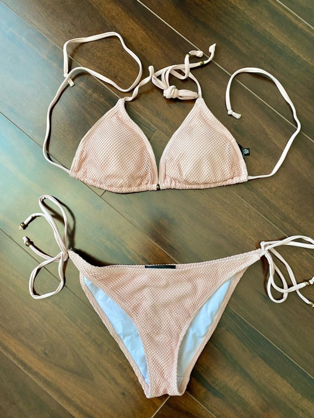 Missguided x A Bikini A Day Textured Tie Bikini Set in Light Peach